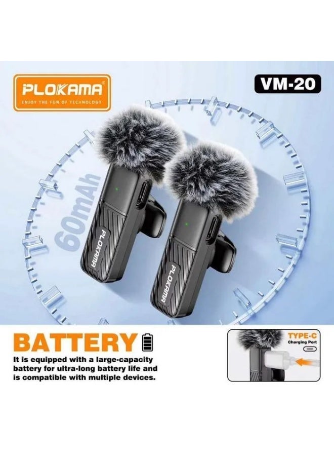 PLOKAMA VM20 Wireless Clip-On Lavalier Microphone, Plug and Play, Dual Type-C and Lightning Microphones - Image 5